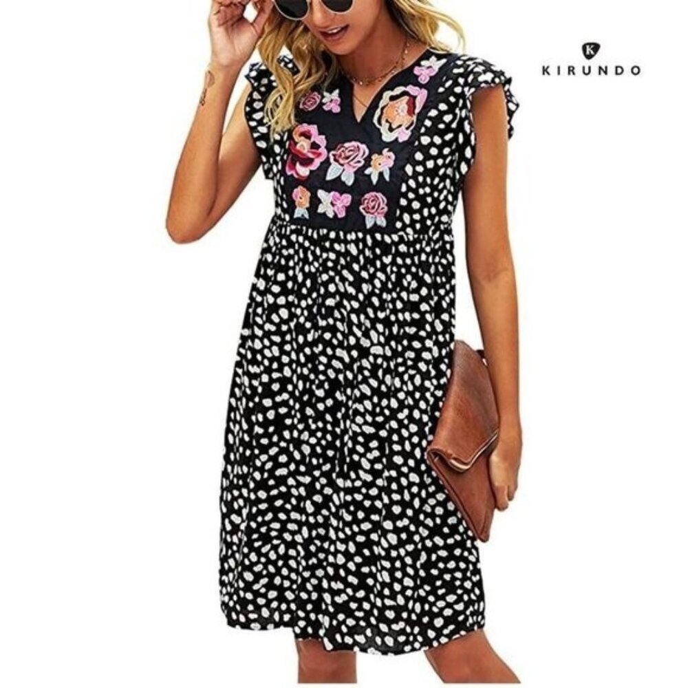 KIRUNDO Women's V Neck Sexy Dress Short Sleeve Ruffle Dress Summer Loose fit‎